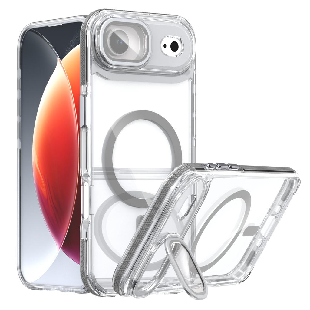 For iPhone Air Magnetic Case TPU Acrylic Clear Phone Back Cover with Lens Protector Kickstand