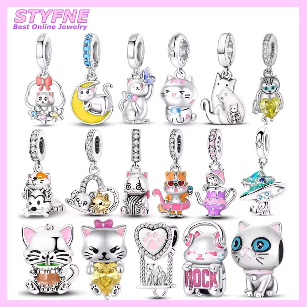 Classic Charms Original Copper Yellow Heart Moon Zircon Cat Beads Fit Bracelet Women Jewelry Diy Fine Gifts Accessories