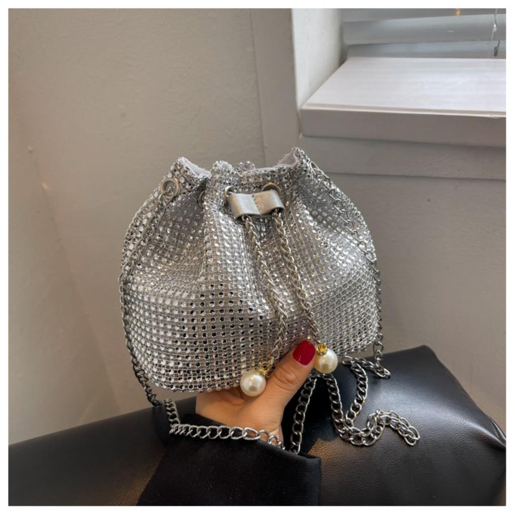 Bucket Bag Korean Version Western Style Chain Shoulder Crossbody, Armpit Water Drill Drawstring Bag