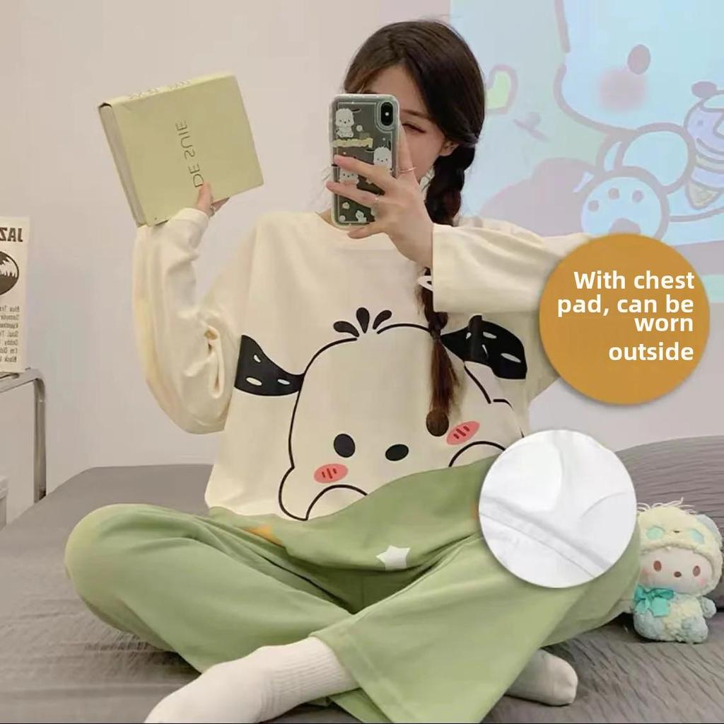 Женский пижамный комплект с рисунком из мультфильмов на весну/осень с нагрудными накладками, длинными рукавами и брюками — свободный, удобный и подходит для ношения на открытом воздухе