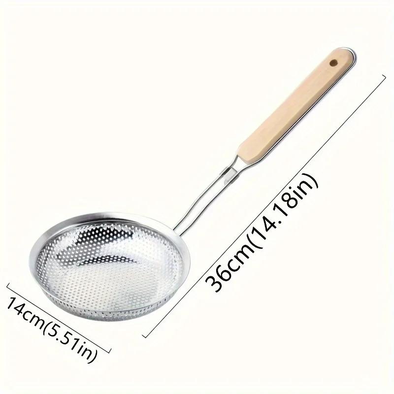 Stainless Steel Colander with Wooden Handle - Fine Mesh Skimmer Spoon for Cooking, Food Prep Grease Filtering for Pasta Noodles