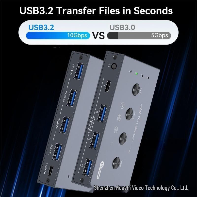 USB 3.2 Switch: 4 USB-A inputs, 3 USB 3.2 outputs, 1 USB-C output with Hub.