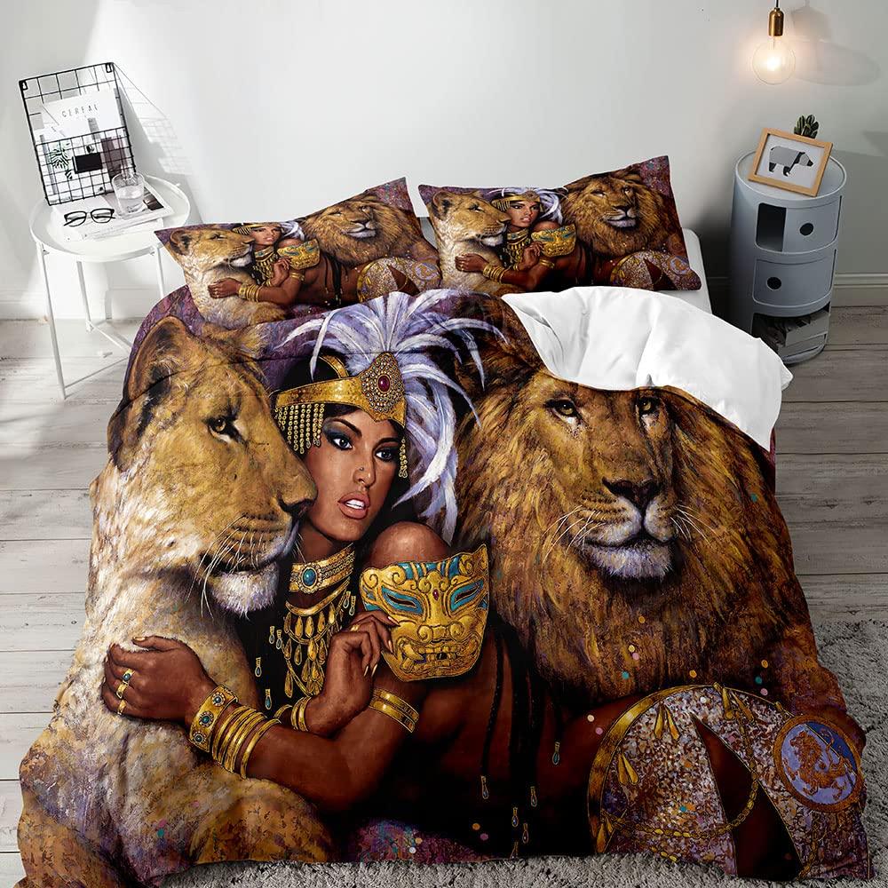 Lion Rose Duvet Cover Set Full Size,Animal Floral Comforter Cover Nature Theme Design Bedding Set,Modern Brown Lion Quilt Cover