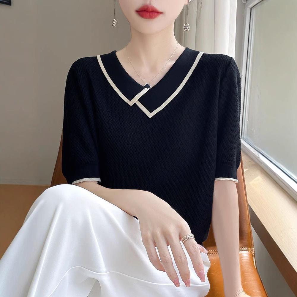 Летний женский вязаный топ-футболка с V-образным вырезом, вязаная рубашка из ледяного шелка с коротким рукавом для женщин