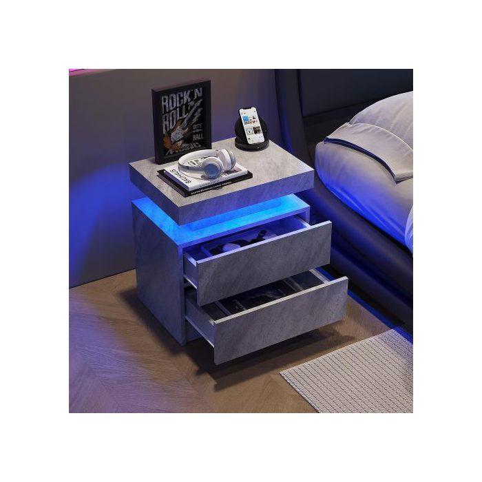 Table de chevet LED - MUVOE - Moderne - 2 Tiroirs - Gris foncé - Multicolore réglable