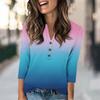 Women's Fashion Casual Retro Gradient Print V-neck Seven-quarter Sleeve Button Up T-shirt Top