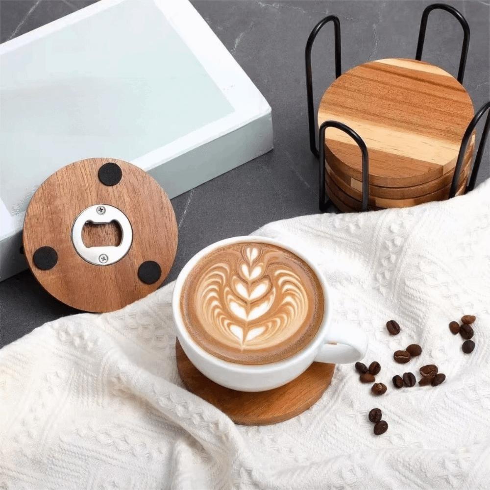 6PCS 2 in 1 Wood Coaster with Bottle Opener Non-Slip Round Insulated Cup Pad with Storage Rack Party Cup Mat Set Bar