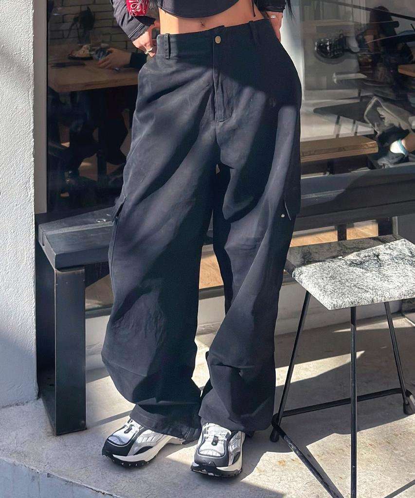 VTWO Washed Wide Cargo Elastic Cotton Pants (Black)