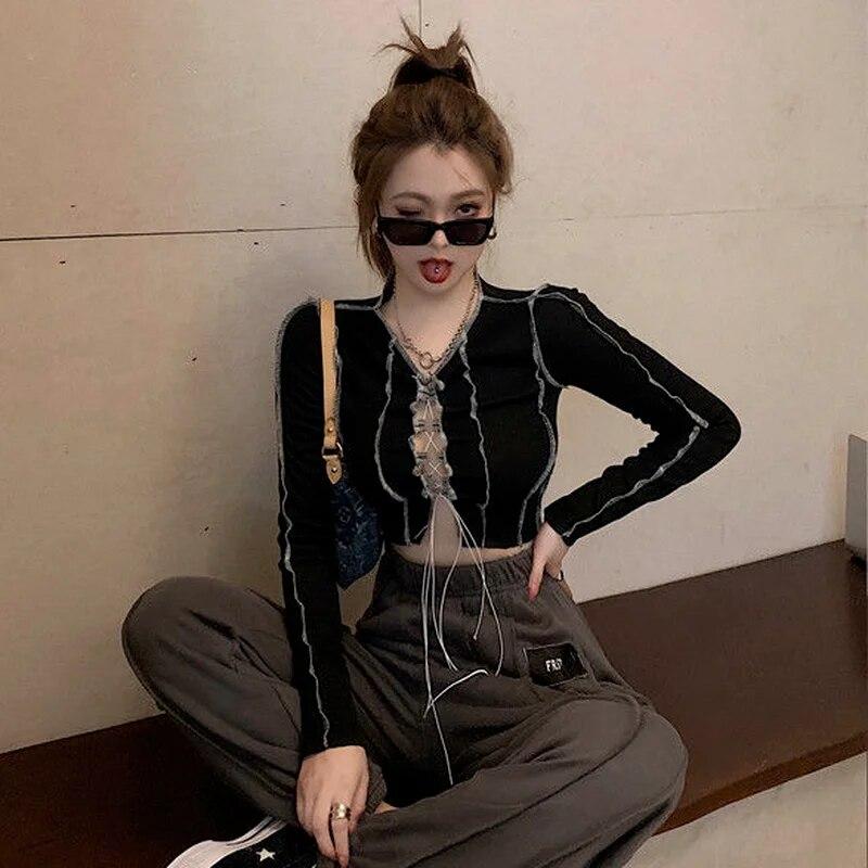 T-shirts Women Fashionable Bust Hollow-out Design Long Sleeve Cool Female Hipster Y2k Tees Crop Top Sexy Hot Girls High Street