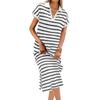 Women's Fashion V-Neck Striped Low Split Lapel Long Sleeveless Casual Dresses