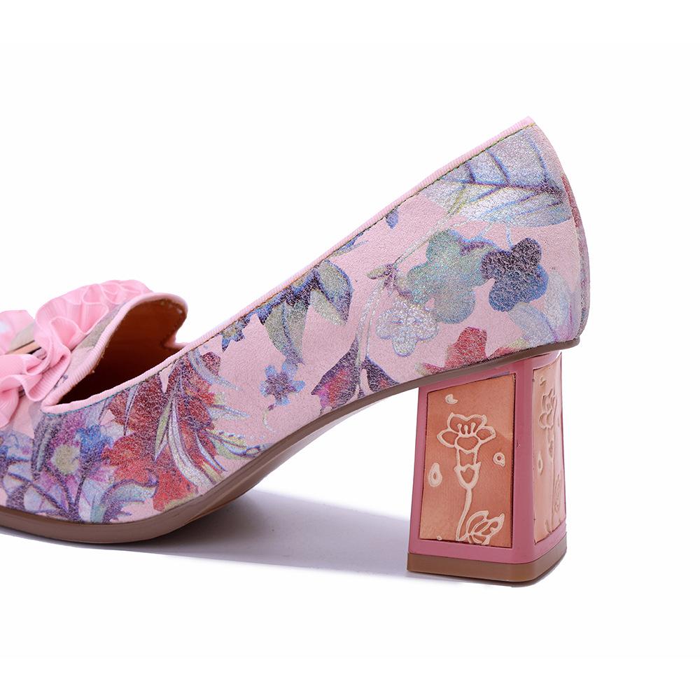 Johnature Туфли-лодочки из натуральной кожи с цветочным принтом в стиле ретро-кантри на толстом каблуке, удобные высокие каблуки
