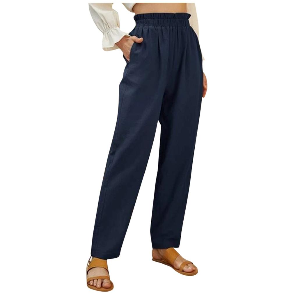 Women's Solid Color High Waist Cotton And Hemp Loose Pocket Leisure Time Trouser