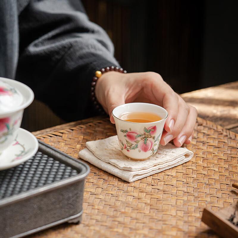 Dehua Suet Jade White Porcelain Teacup with Nine Peaches Design