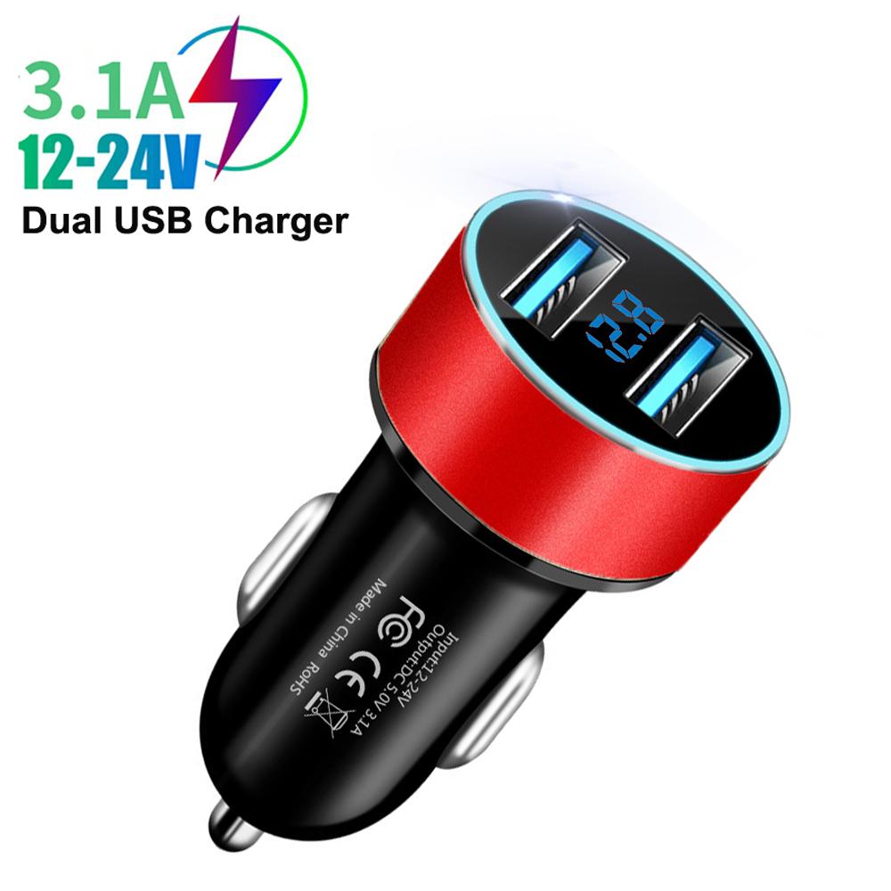 LED Display Voltmeter 3.1A Dual USB Phone Charger Car Cigarette Lighter Power Adapter Socket Splitter for 12-24V Cars