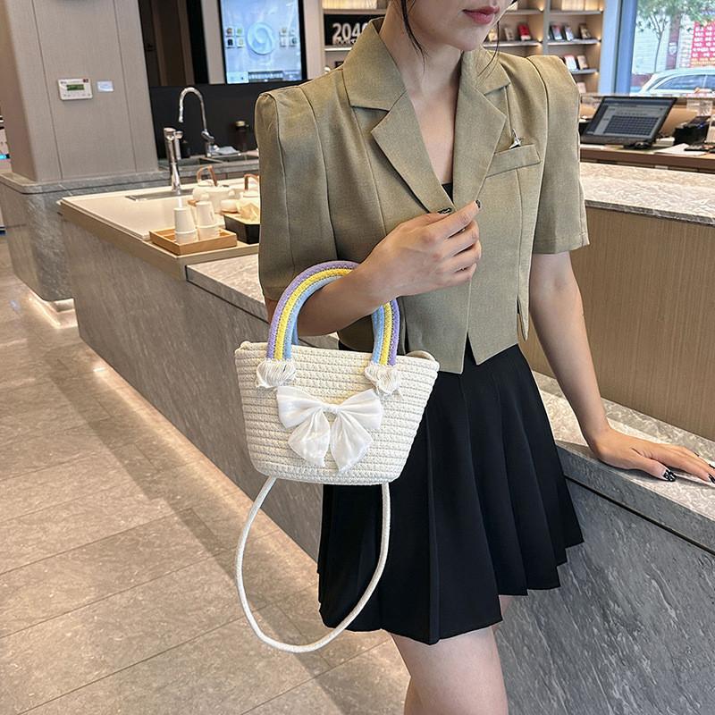 Trendy Woven Straw Bucket Bag With Bow Fashionable Casual Handbag For Women 2023