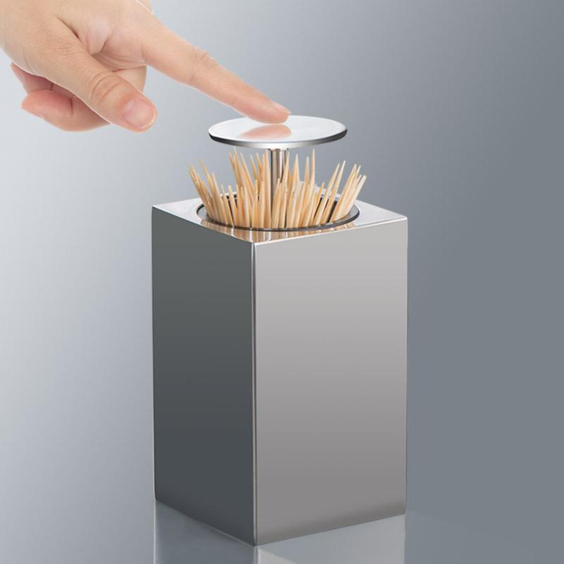 304 Stainless Steel Toothpick Holder Storage Box Press Bracket Automatic Spring Cover Cotton Swab Storage Box Home Decoration