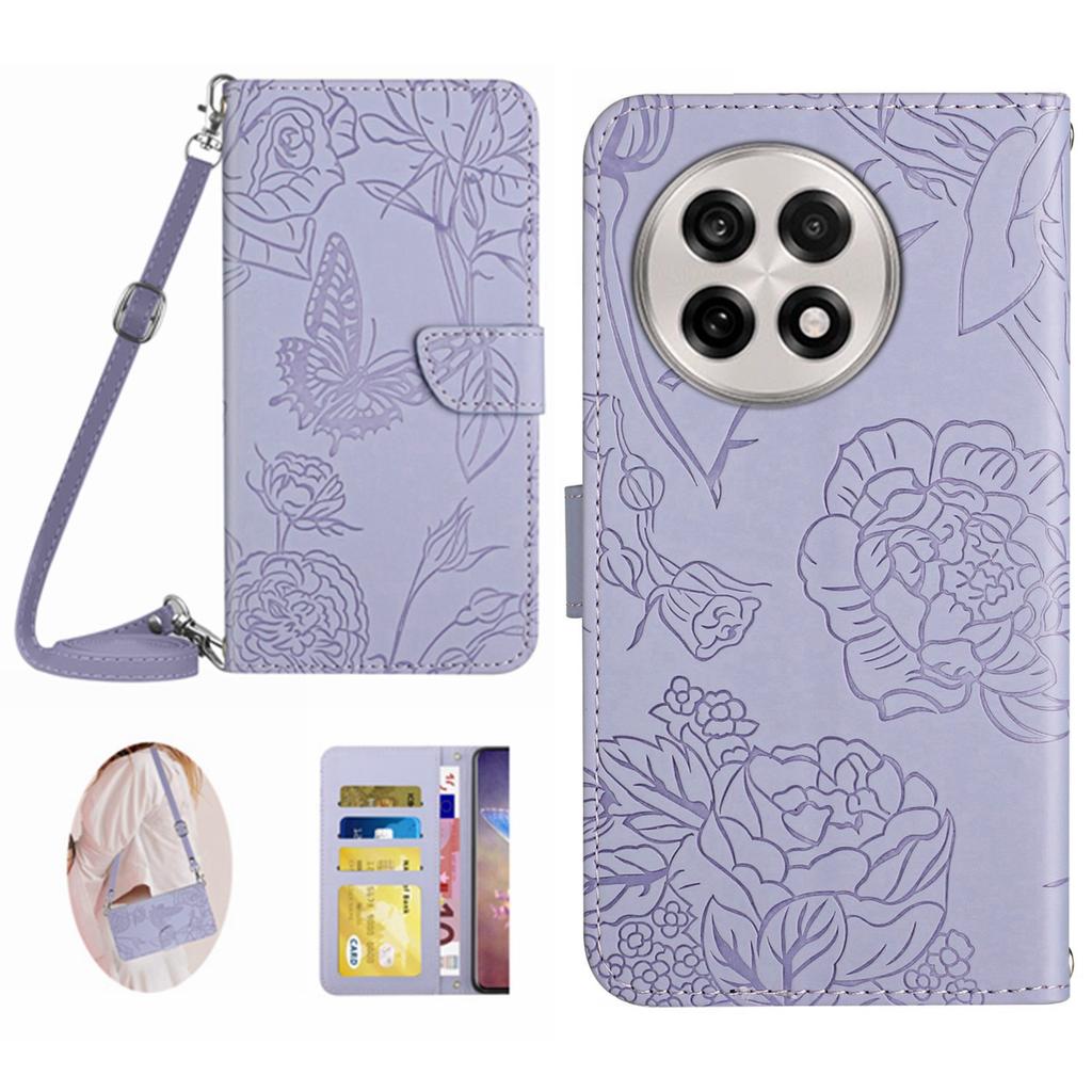 For OnePlus 13R 5G Case Butterfly Flower Imprint Leather Phone Cover with Shoulder Strap