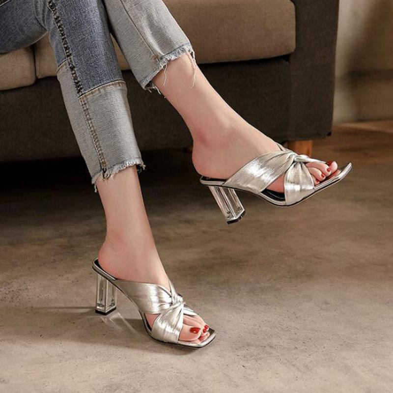 2024 Новые блестящие золотисто-серебряные мюли, прозрачные толстые туфли на высоком каблуке, женская обувь, летняя мода, туфли-лодочки с перекрестными шнурками