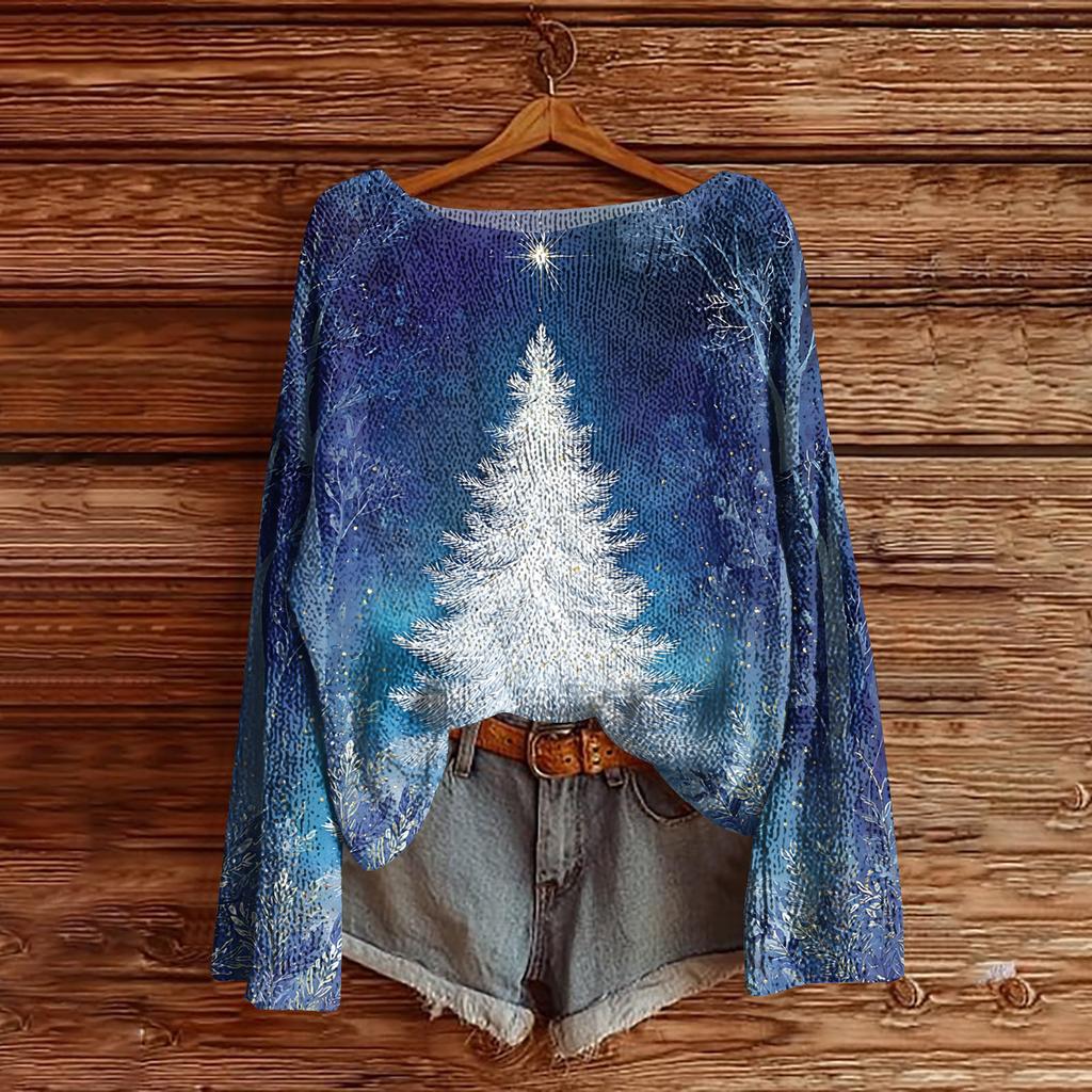 Women's Christmas Print Lightweight Sweater Casual Long Sleeve Knitted Pullover