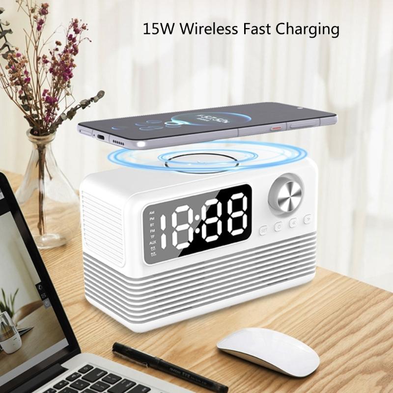 15-ваттная беспроводная зарядка, Bluetooth-совместимая колонка со светодиодным зеркальным будильником, двойной будильник, защита от кражи, подходит для дома и офиса