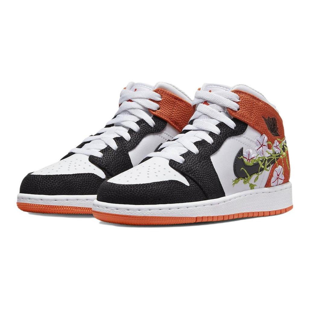 Детские кроссовки Air Jordan 1 Mid GS Floral Оранжевый Белый Черный DQ8390-100