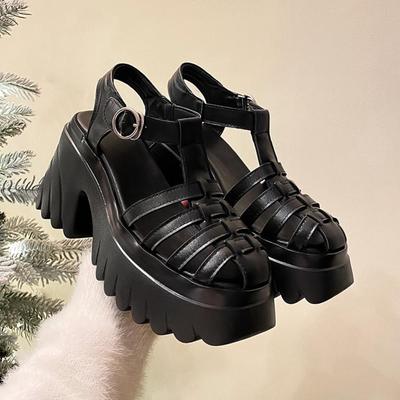 Весенняя обувь из коровьей кожи с круглым носком на толстом высоком каблуке, повседневные женские сандалии с пряжками и ремешками, украшенные плетением