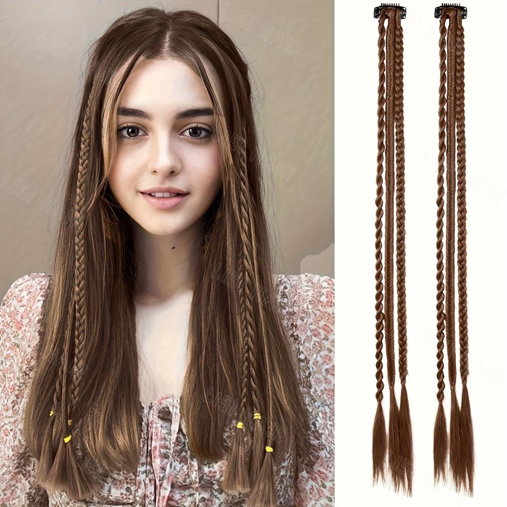 MISS WIG Braid Clip In Hair Extensions 2Pcs Braids Long Synthetic Ponytail Hairpieces Hair Clips Hair Accessories For Women Girls Daily Cosplay