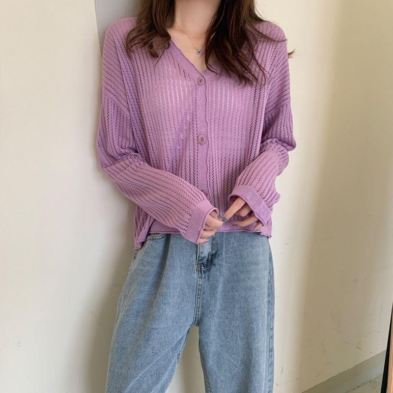 Thin Knit Sunscreen Cardigan Jacket for Women's Spring and Summer V-neck Hollowed Out Long Sleeved Air-conditioned Shirt