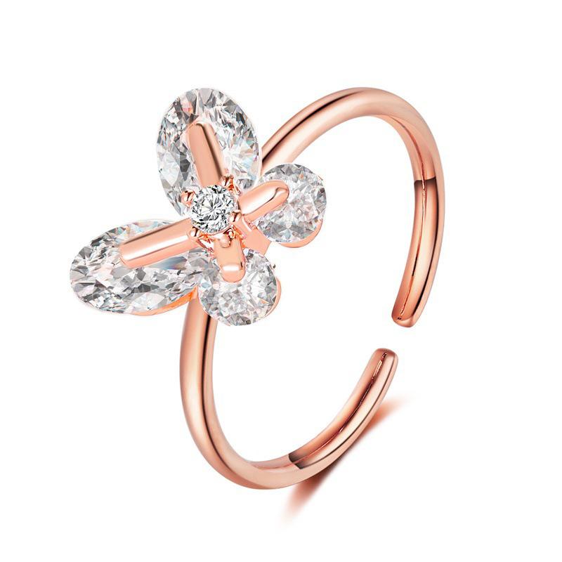Elegant Geometric Butterfly Ring with Zircon Inlay - Adjustable Double-Layer Design for Women