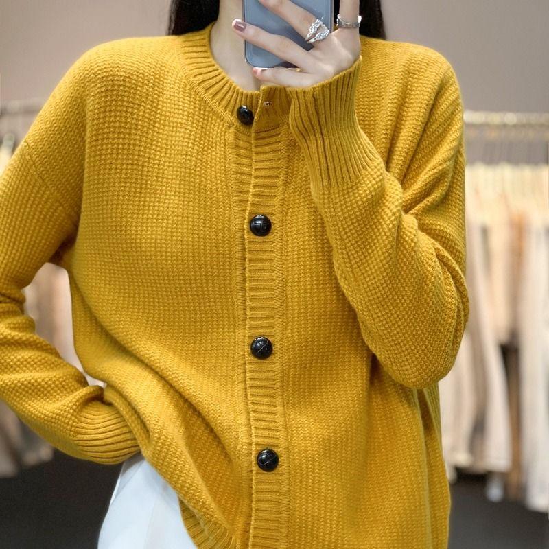 Кардиган, свитер, осень 2023, кардиган с круглым вырезом, пальто, женский однотонный свитер с длинными рукавами, универсальный корейский свитер с накладками, женский