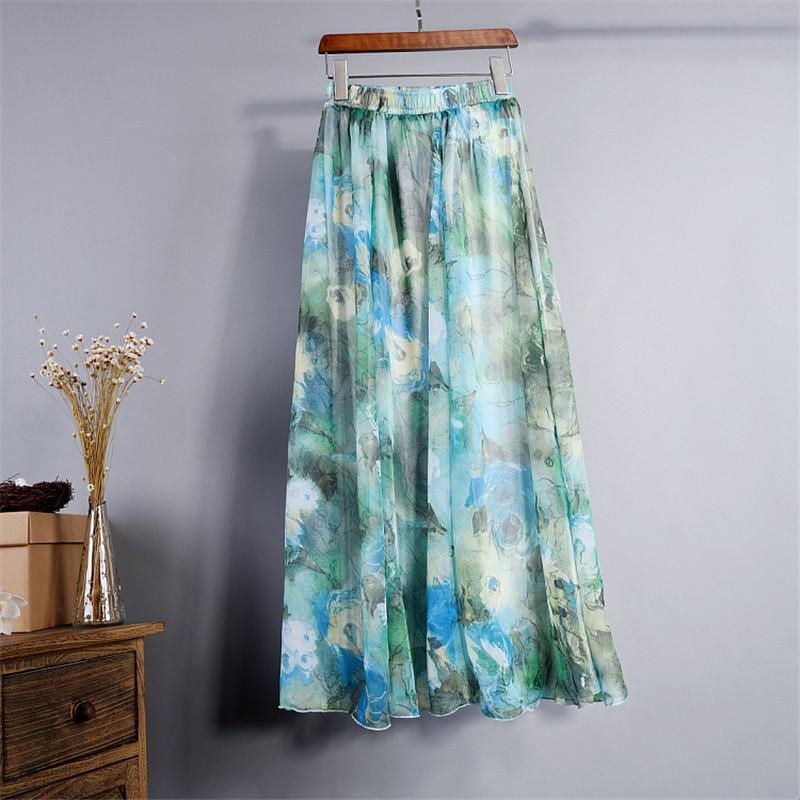 Women Boho Floor-Length Long Beach Party Loose Flare Vintage Bohemia Chiffon Floral Printed Skirts