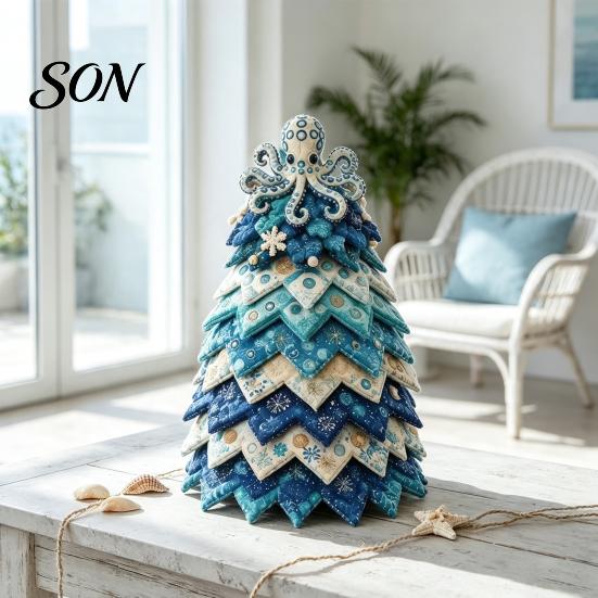 Fabric Christmas Tree Sewing Project DIY Quilted Ocean Kit, Holiday 3D Patchwork Craft Summer Beach Themed Home Decor Coastal Theme Handmade