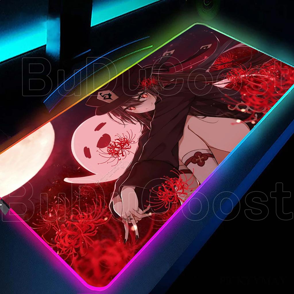 Милая Девушка Genshin Impact RGB Коврик для Мыши Hu Tao Коврик для Мыши Kawaii Стол Большой Размер Компьютерные Коврики Аниме Клавиатура E-Sports Аксессуары