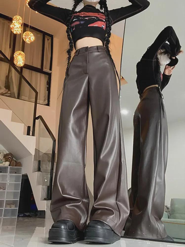 Women's High Waist Wide-Leg PU Leather Pants - Plus Size, Slim & Loose Fit for Fall