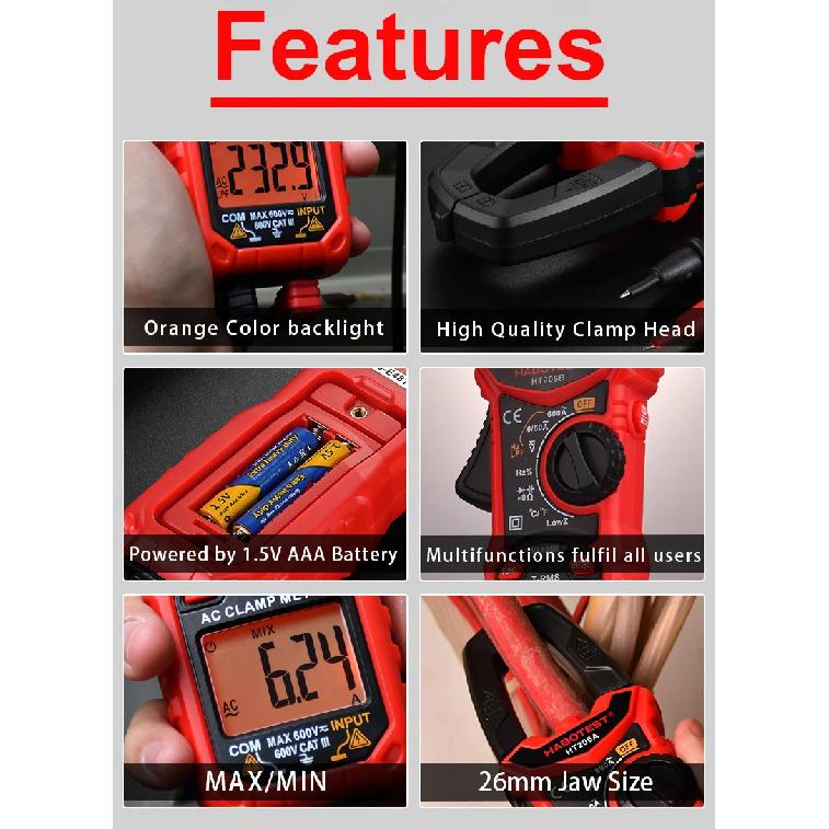 HABOTEST Digital Clamp Meter HT206A HT206B HT206D 600A AC DC Current Two-color Backlight NCV Voltmeter Ammeter With Leather Case