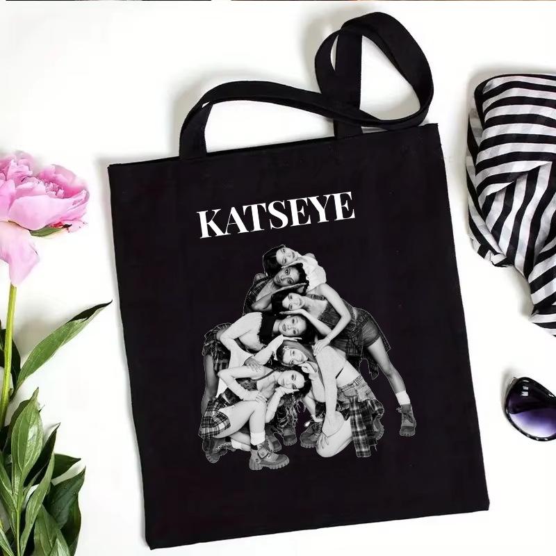 Katseye Kpop Merch Canvas Tote Bag Shoulder Handbag Shopping Bag Large Capacity Eco Friendly Fan Gift White