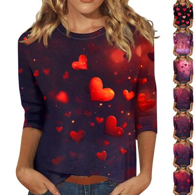 Женские топы с рукавом три четверти и круглым вырезом, свободная футболка с принтом ко Дню святого Валентина