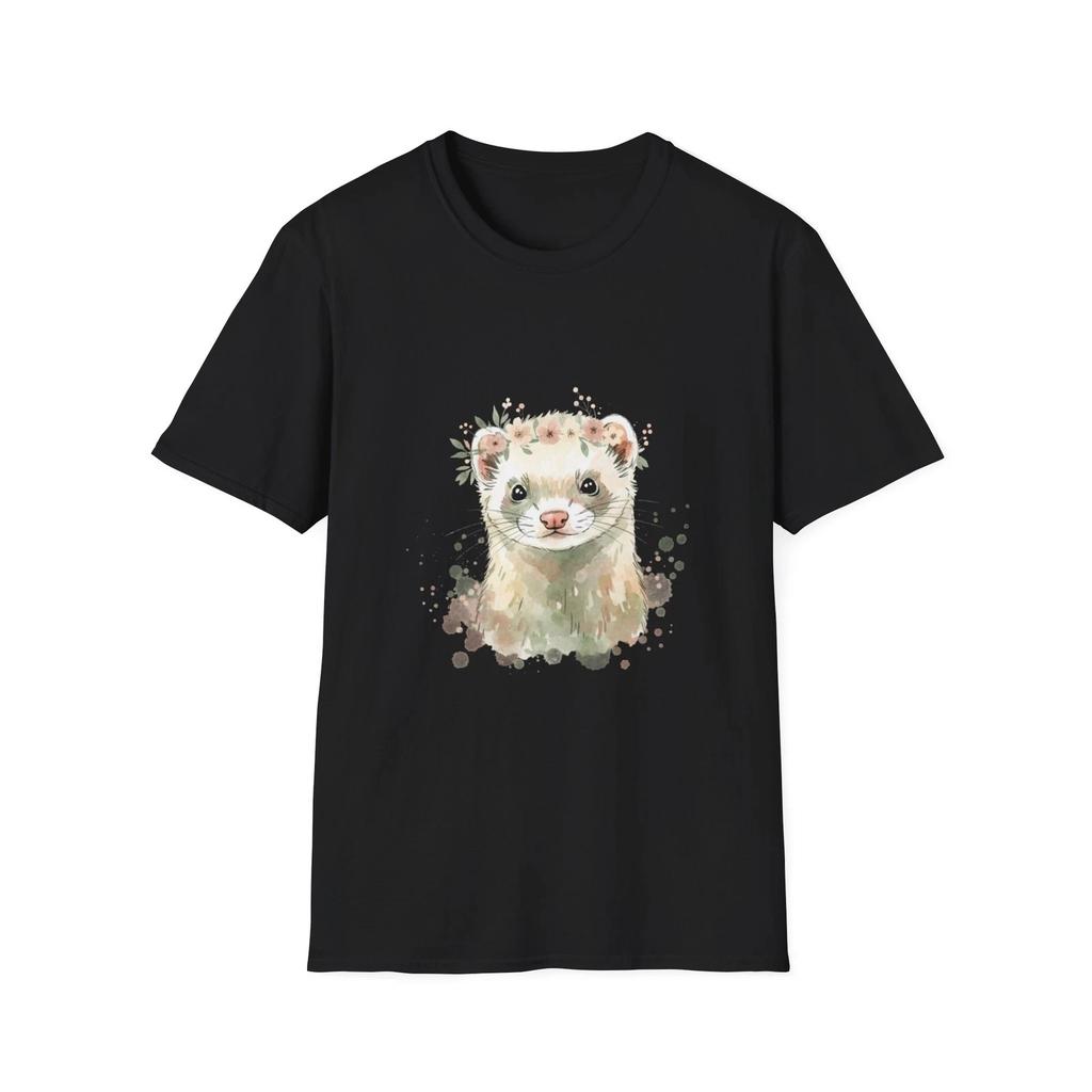 Ferret Floral Watercolor Cute Black Tee Nature Aesthetic T-Shirt