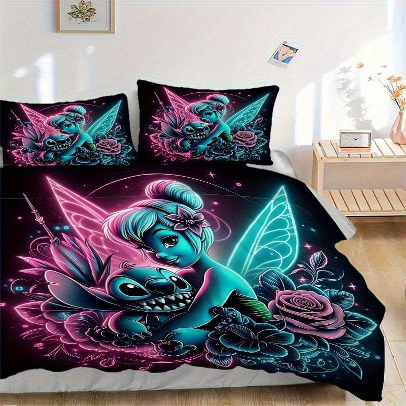 3pcs Tinker Bell and Stitch Quilt Cover Set (1 Quilt Cover + 2 Pillowcases Without Pillow Core), High-Definition Printing for Home and Dormitory.