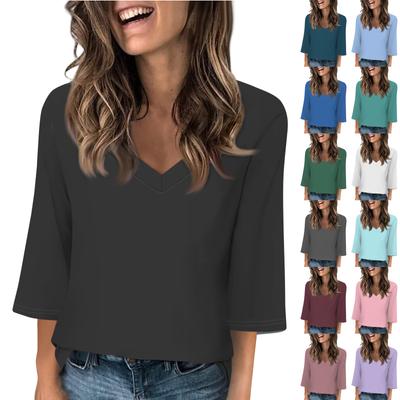 Женские топы с v-образным вырезом и рукавами 3/4, повседневные футболки, базовые летние футболки, свободный крой, осенний пуловер, туника