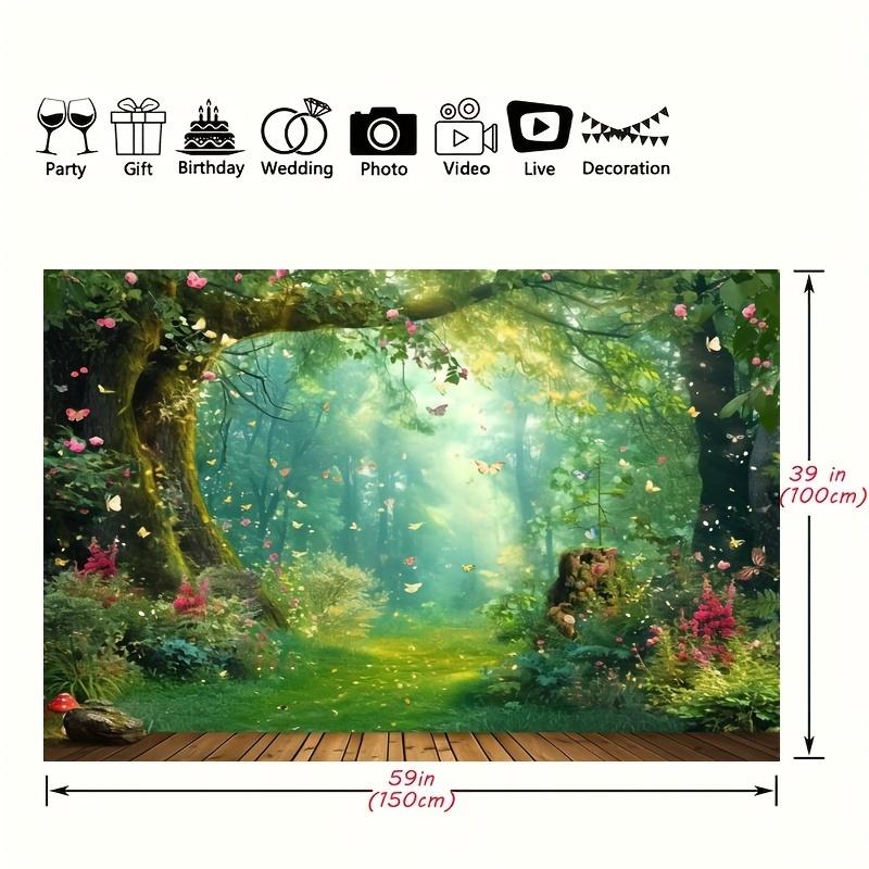 Magic Forest Polyester Photography Background, Fairy Tale Wonderland Mushroom Flower Butterfly Background, Party Decoration