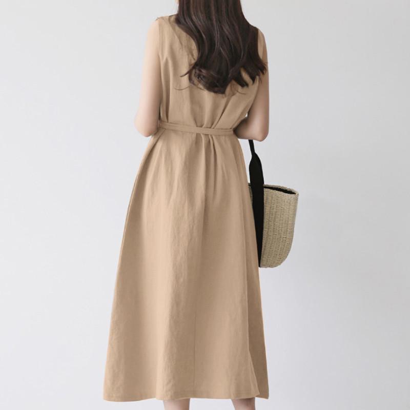 Women's Bohemian Sleeveless Belted Cotton Linen Maxi Dress