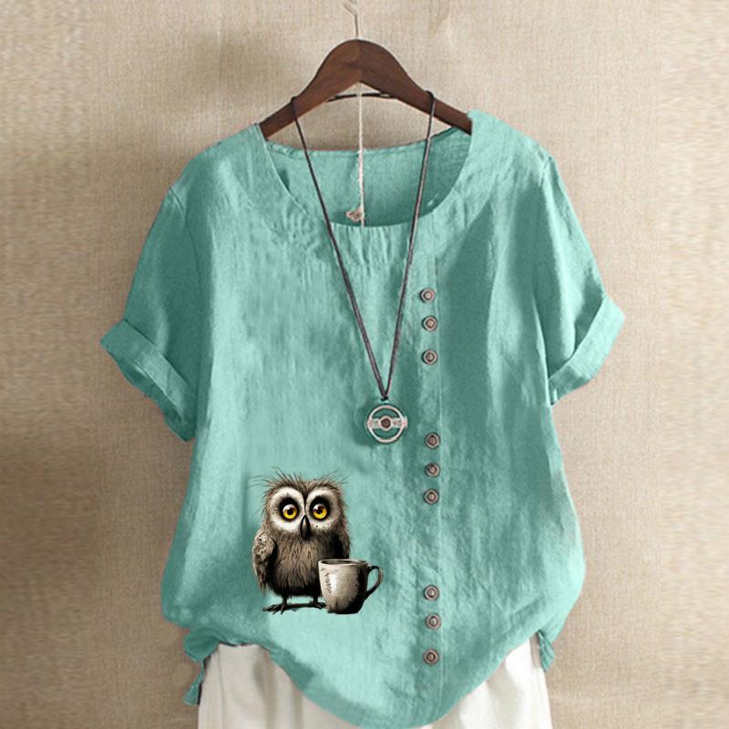 Women's Fashion Owl Prined Short Sleeve T-shirt Loose Cotton Shirt Casual Loose Summer Blouse Plus Size Tops