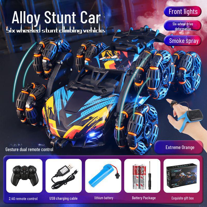 Six-Wheel Alloy Remote Control Off-Road Stunt Car with Gesture Sensing and Spray for Kids
