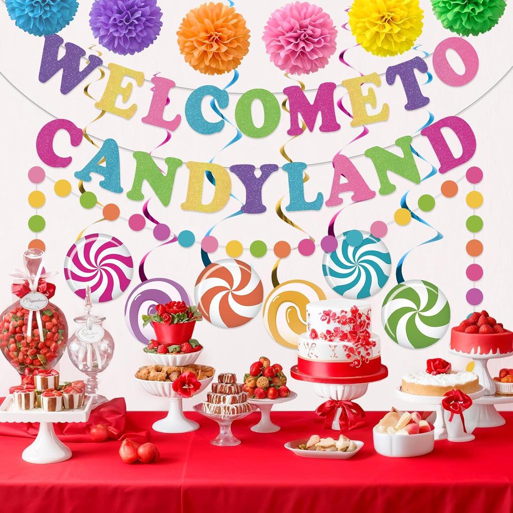 Welcome to Candyland Party Banner Hanging Swirls Decorations Colorful Candy Themed Birthday Decor for Sweet Themed Shop Baby Shower Classroom Home