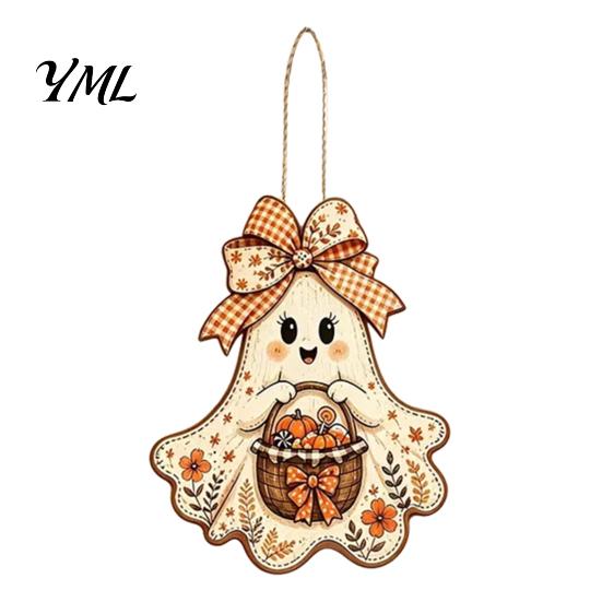 Indoor Wall Hanging Ornament Cute Bow Ghost Sign, Rustic Retro Floral Door Sign with Pumpkin Pastoral Autumn Hanger Basket, Vintage Halloween