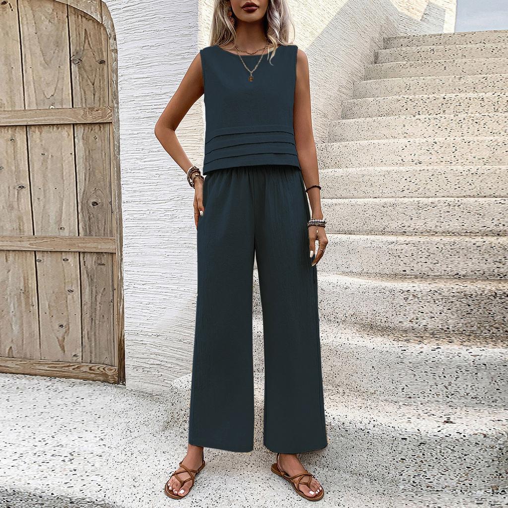 Женский модный повседневный однотонный короткий топ без рукавов с эластичной резинкой на талии, комплект из двух предметов