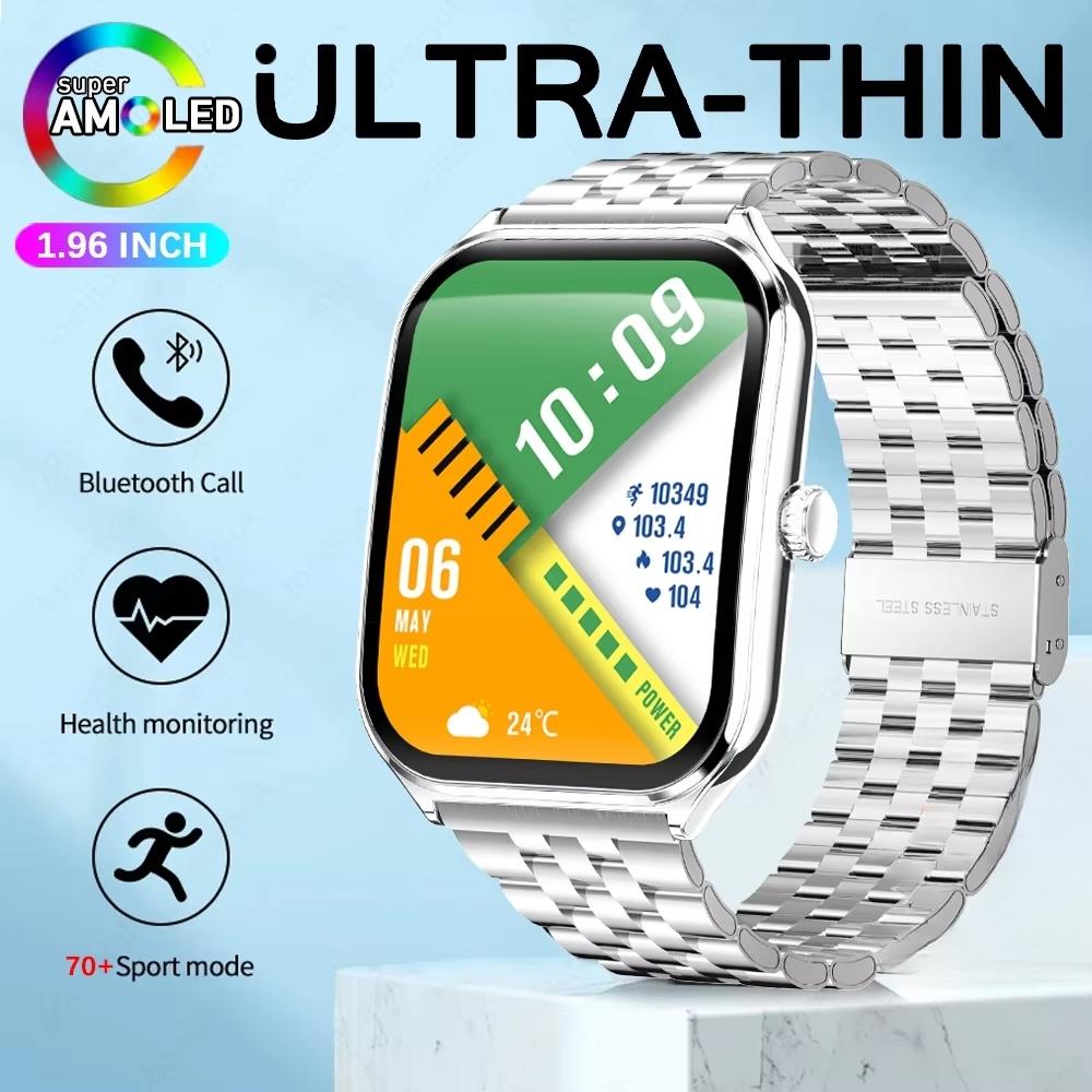 2025 Новые 7,5 мм Ультратонкие Смарт-часы Мужские 1,96" AMOLED-экран Всегда Показывать Время Пульс Спорт Водонепроницаемые BT Звонок Смарт-часы