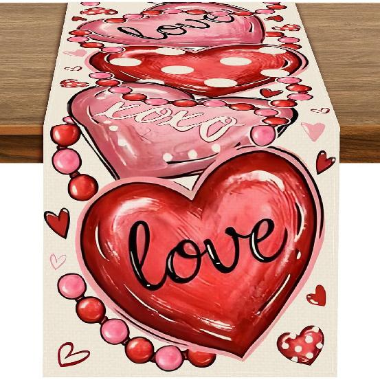 72 x 13 Inch Valentines Day Table Runner – Red and Pink Hearts with Love and XOXO Lettering, Polka Dot Heart Pattern for Dining Room, Kitchen, and