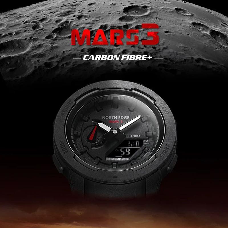 NORTH EDGE Mars 3 Men's Military Watch Digital Carbon Fiber Case For Man Waterproof 50M Sports Watches World Time LED Wristwatch